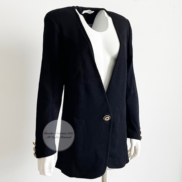 St John Knit Cardigan Jacket Collarless Black Santana Knit Basics Vintage 90s - Picture 2 of 7